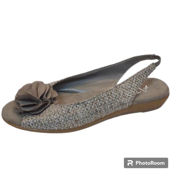 A2 By Aerosoles Shoes - A2 Aerosoles Atmosphere Gray Gold Weave Open Toe Slingback Flower Detail Wedges
